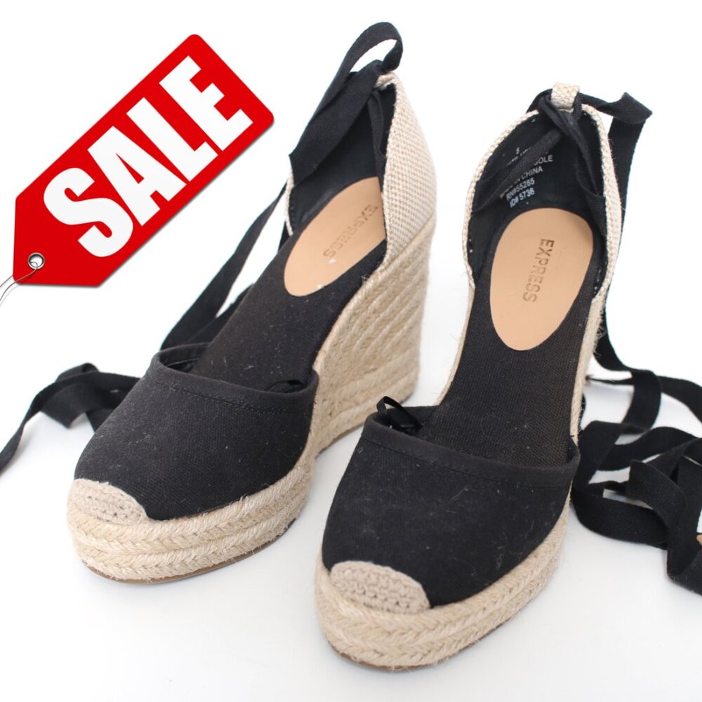 Express Black Fabric Jute Gladiator Wedges Sz 5